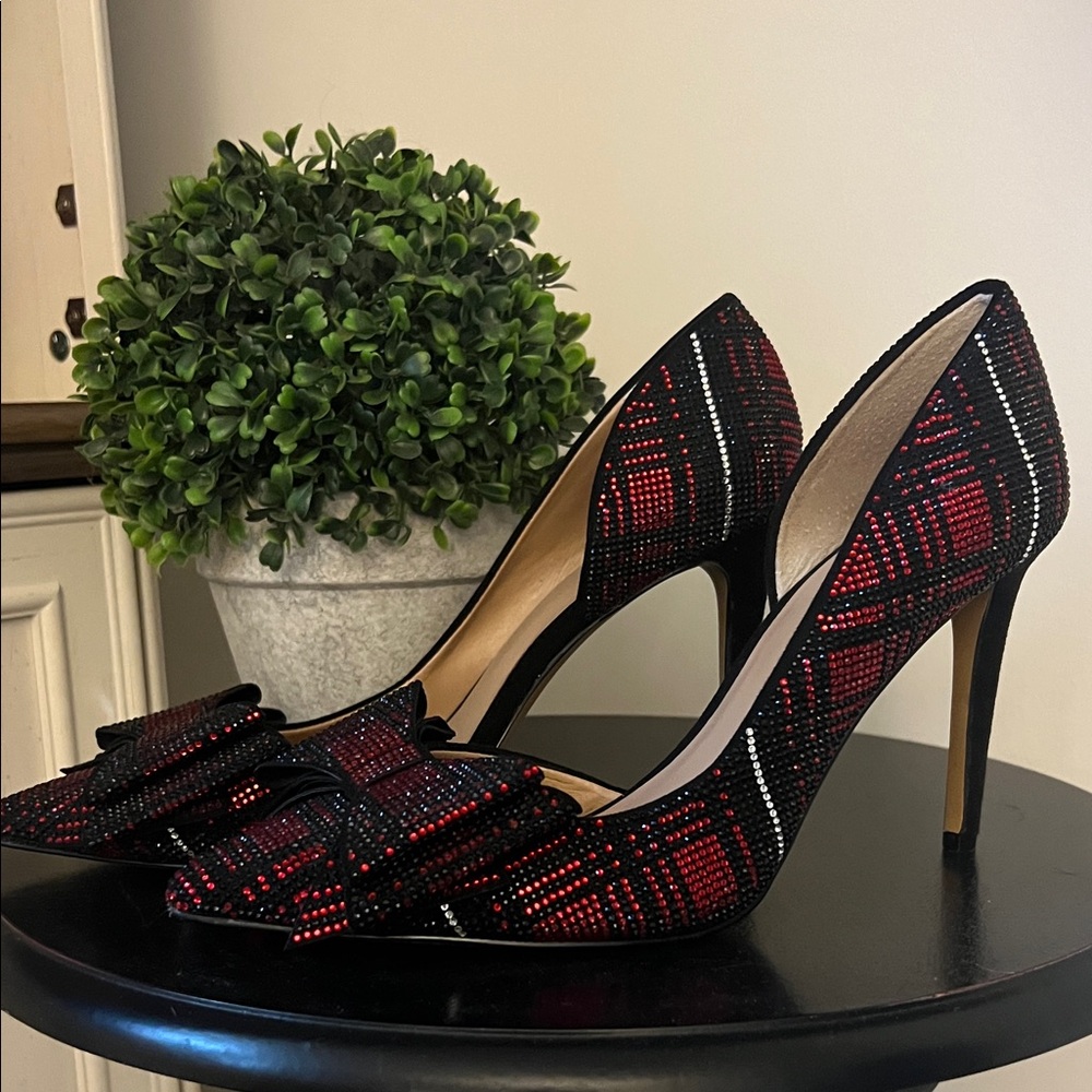 Elegant Red and Black rhinestone Plaid Women's holiday Heels